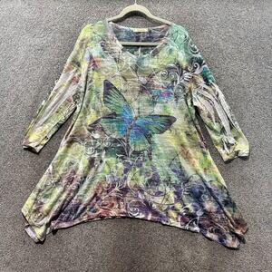 Jess & Jane Butterfly Burnout Tunic Top Women 1X V-Neck Rhinestone Fairy Artsy